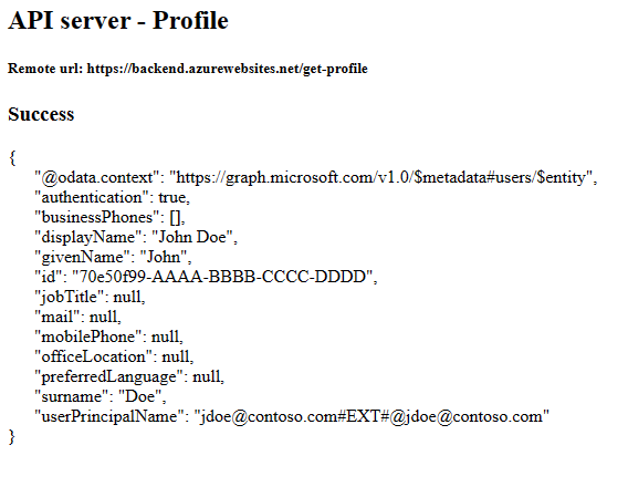 Screenshot del Web browser che mostra l'applicazione front-end dopo aver ottenuto correttamente il profilo reale dall'app back-end.