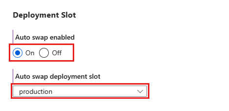 Screenshot che mostra le selezioni per la configurazione dello scambio automatico nello slot di produzione nel portale.