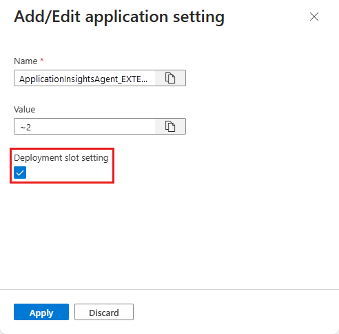 Screenshot che mostra la casella di controllo per configurare un'impostazione dell'app come impostazione slot nel portale di Azure.