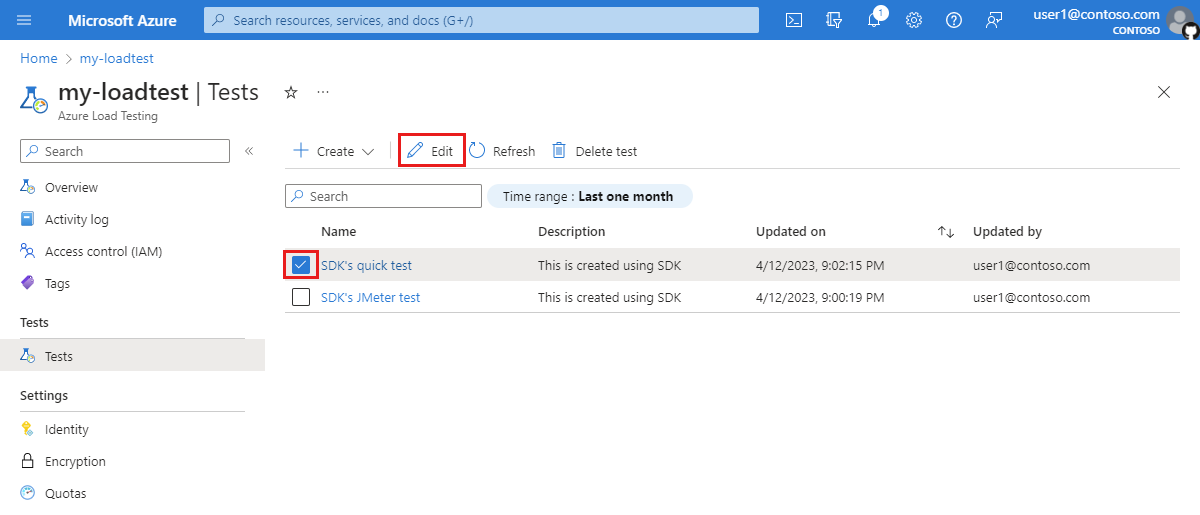 Screenshot che mostra come selezionare e modificare un test di carico nel portale di Azure.