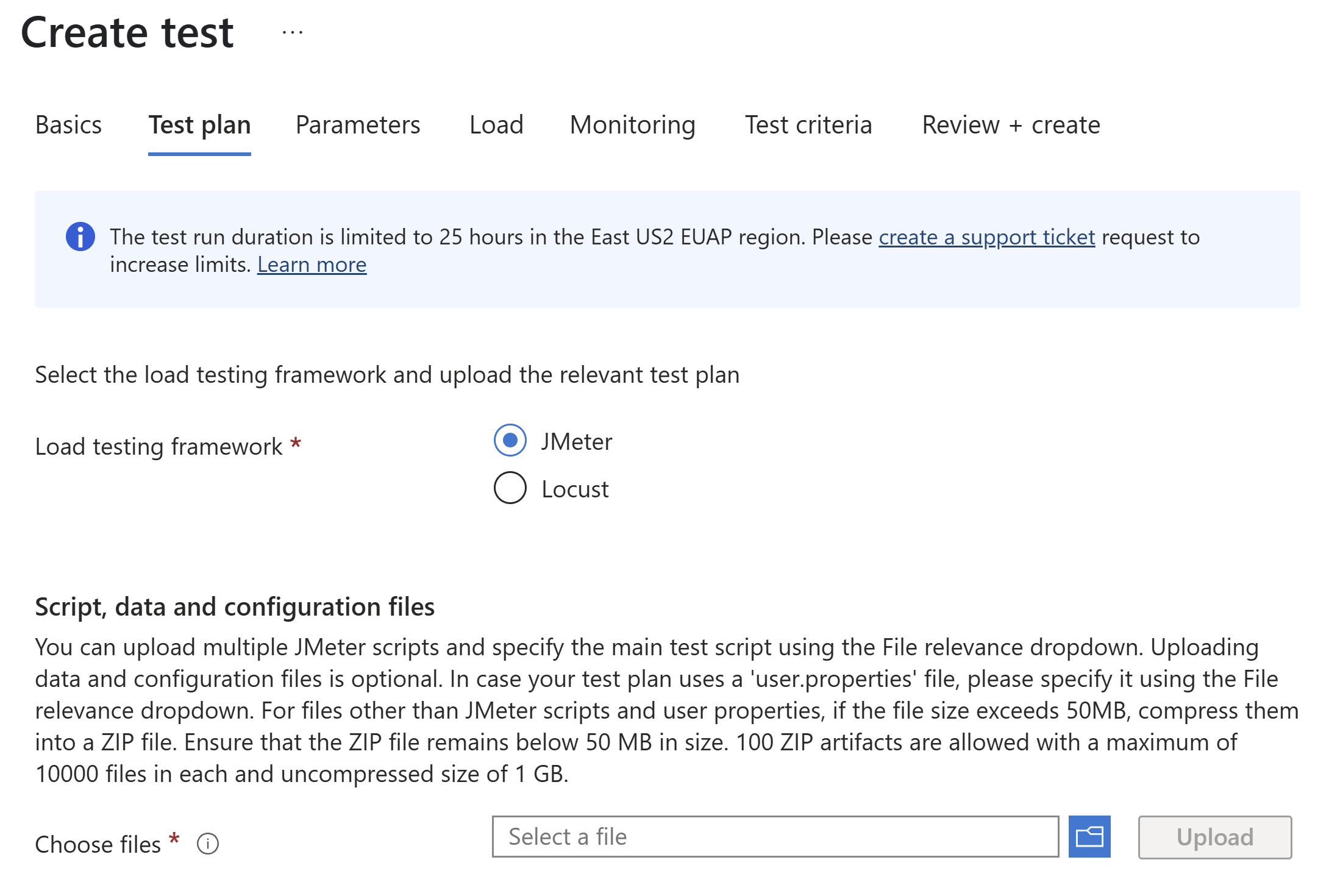 Screenshot che mostra la pagina del piano di test per la creazione di un test nel portale di Azure, evidenziando la funzionalità di caricamento.