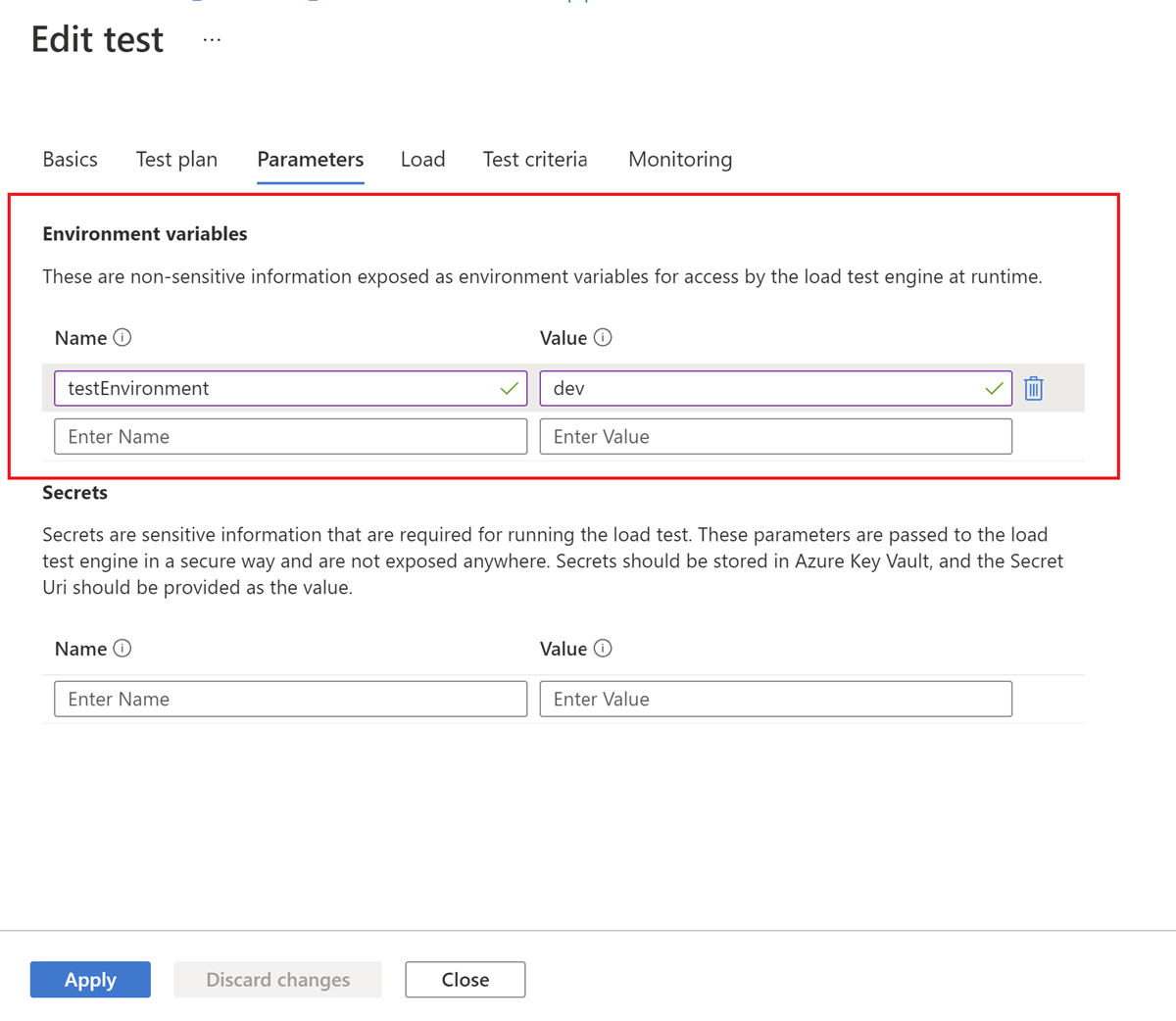 Screenshot che mostra come aggiungere una variabile di ambiente a un test di carico nel portale di Azure.