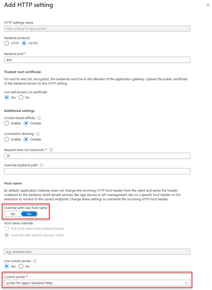 Configurare le impostazioni H T T P per usare un dominio personalizzato per il back-end del servizio app senza eseguire l'override
