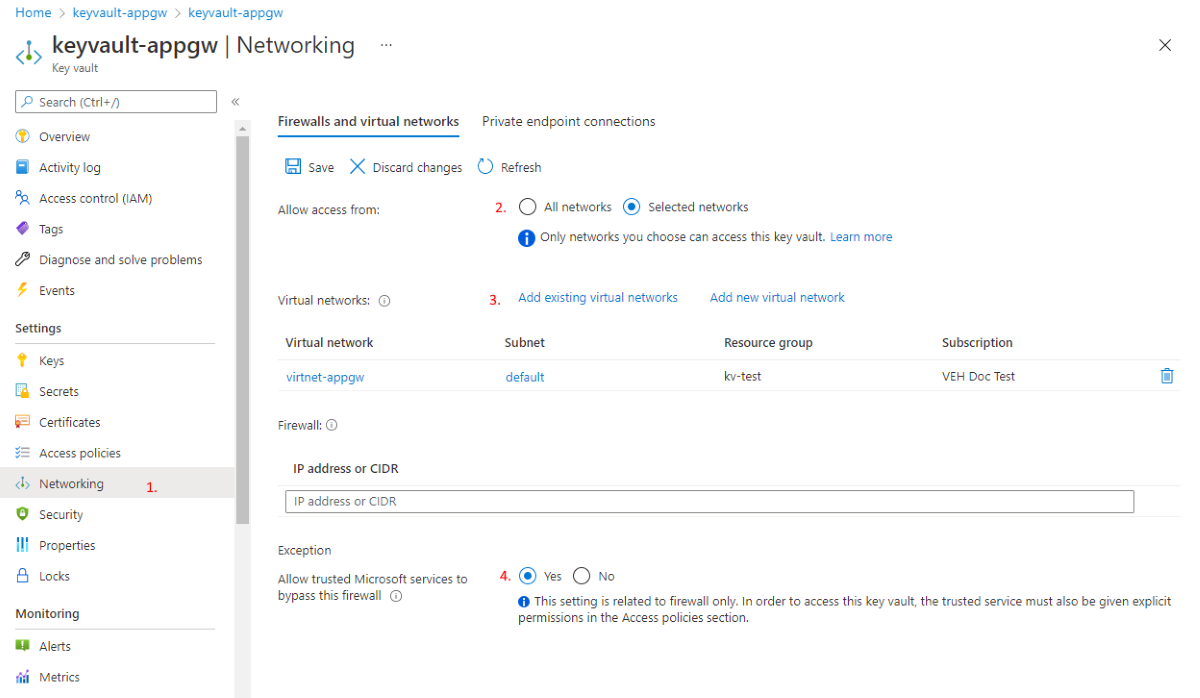 Screenshot che mostra le selezioni per la configurazione dell'Application Gateway per l'uso di firewall e reti virtuali.