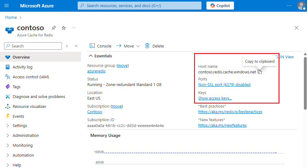 Screenshot che mostra le proprietà della cache Redis di Azure.