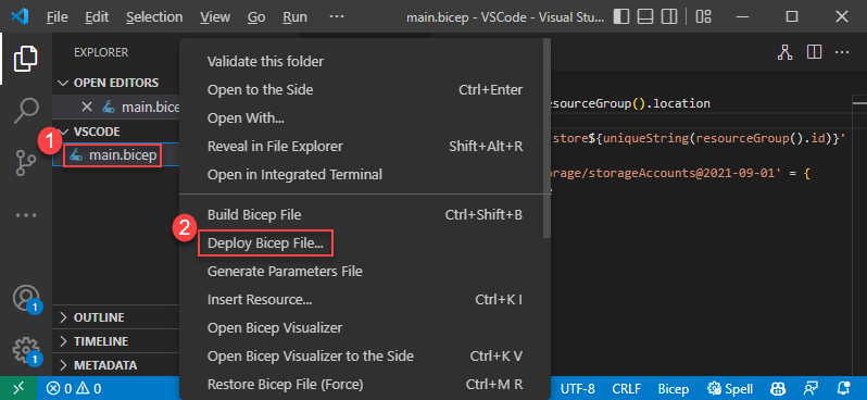 Screenshot della distribuzione del file Bicep nel menu di scelta rapida del riquadro Esplora.