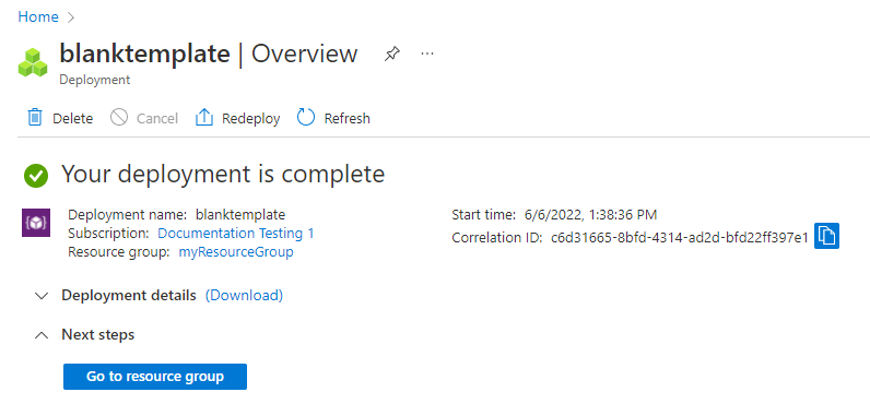 Screenshot del portale di Azure che mostra il riepilogo della distribuzione per la distribuzione blanktemplate.