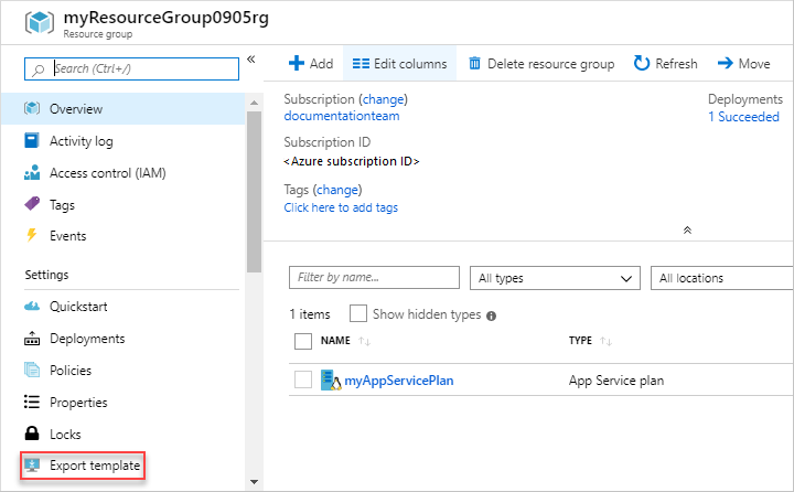 Screenshot dell'opzione Esporta modello nel portale di Azure.