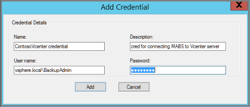Screenshot mostra la finestra di dialogo Aggiungi credenziali del server Backup di Azure.