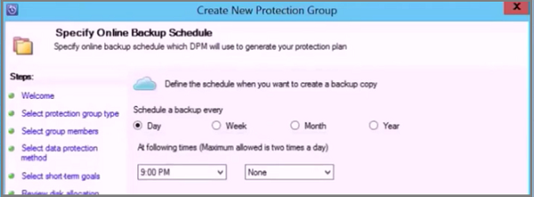 La schermata mostra come specificare la pianificazione del backup online.