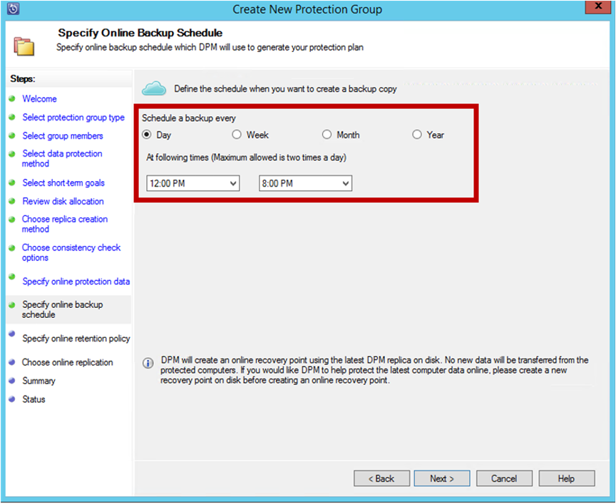 Screenshot che mostra come eseguire la pianificazione e la conservazione dei backup.