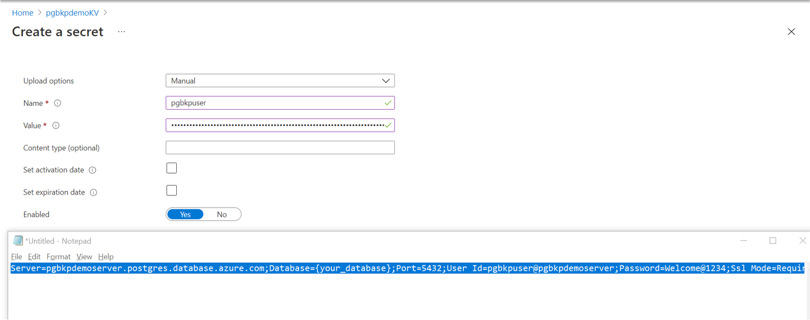 Screenshot che mostra il riquadro per la creazione di un segreto e un file del Blocco note contenente una stringa di connessione.
