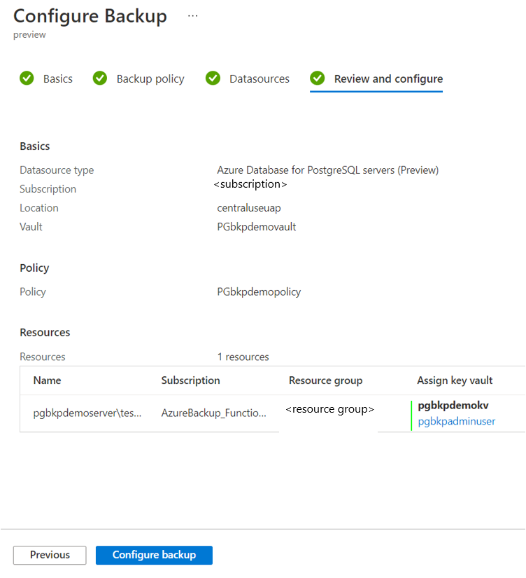 Screenshot che mostra la scheda per esaminare una configurazione di backup.