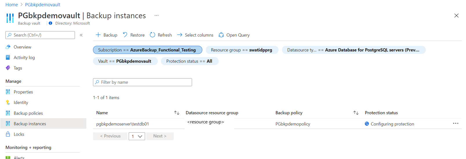 Screenshot che mostra i dettagli per un backup configurato.