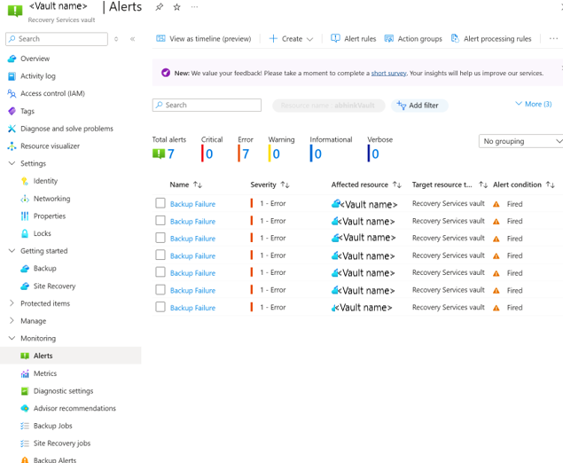 Screenshot che mostra gli avvisi di backup.