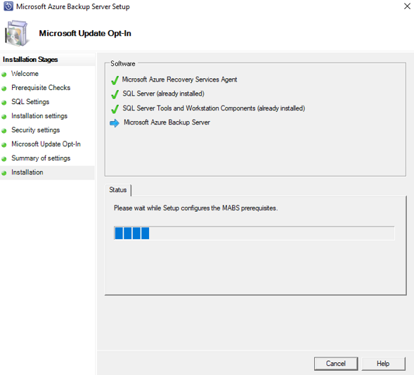 Screenshot che mostra lo stato dell'installazione del server di Backup di Azure.