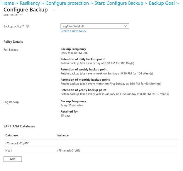 Screenshot che mostra la selezione di una politica di backup.
