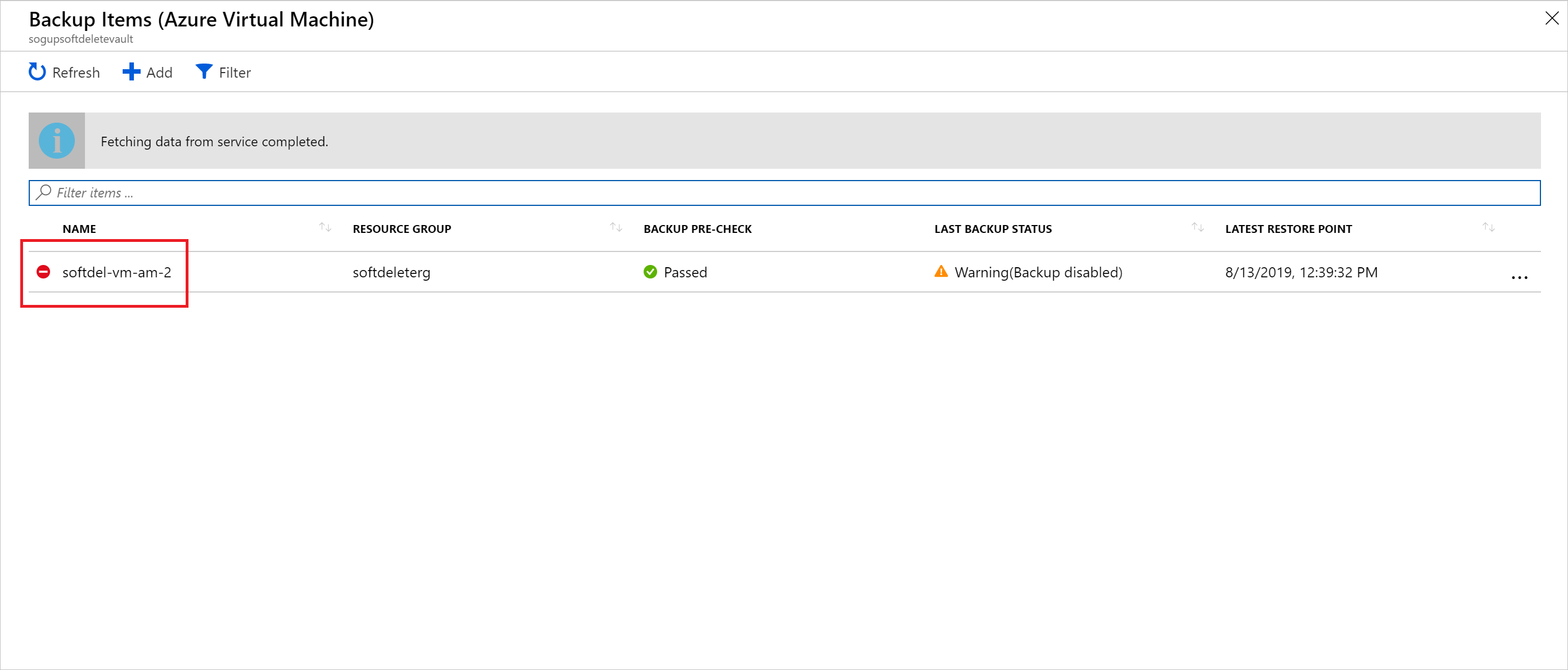 Screenshot del portale di Azure, con la macchina virtuale nello stato di eliminazione temporanea