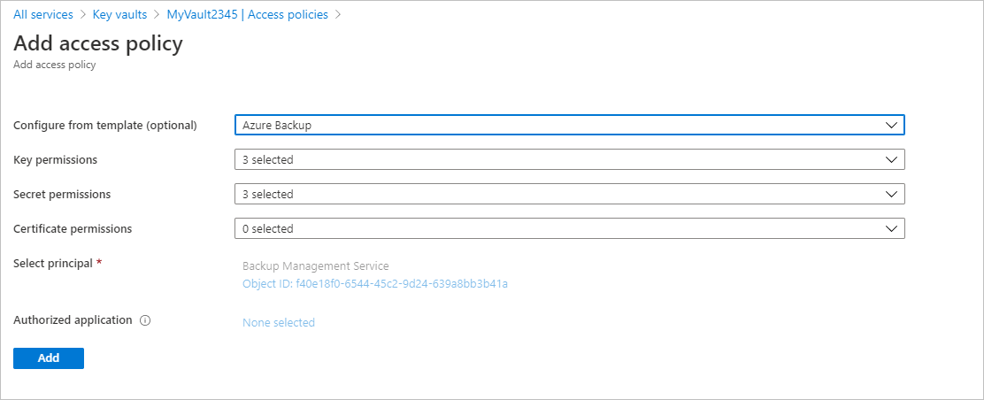 Screenshot che mostra la selezione di Backup di Azure.