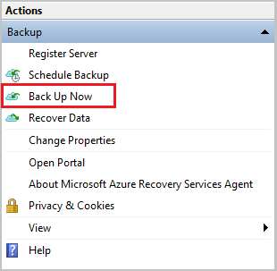 Screenshot illustra come avviare il backup di Windows Server.