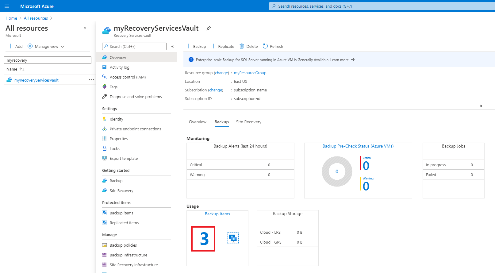 Screenshot che mostra il numero di elementi di backup come collegamento sul dashboard.