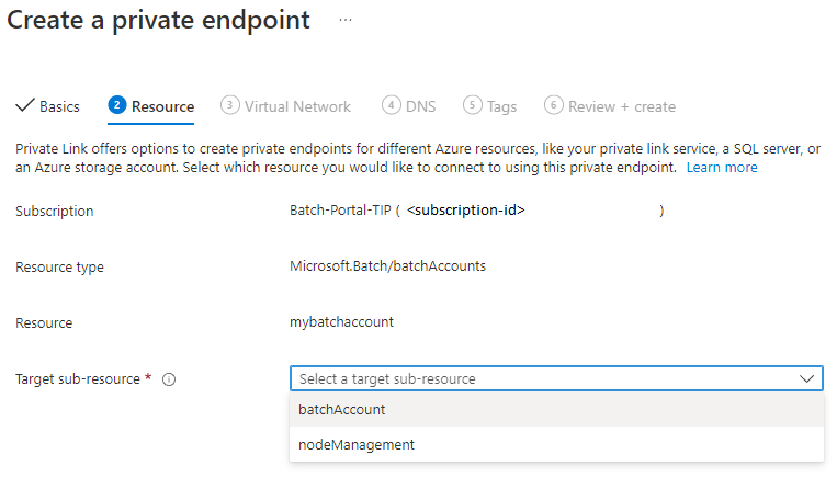 Istantanea della creazione di un endpoint privato - Riquadro Risorsa.