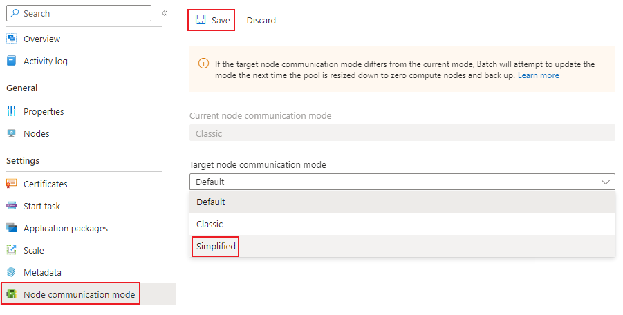 Screenshot che mostra l'aggiornamento di un pool alla modalità semplificata.