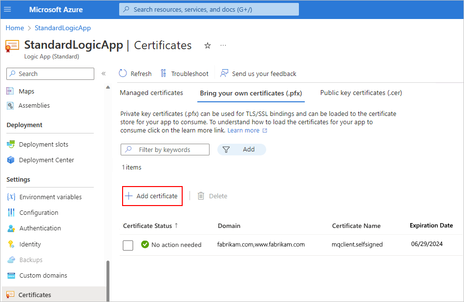 Screenshot che mostra l'app per la logica Standard con le opzioni selezionate: Certificati, Bring your own certificates (Porta i tuoi certificati) e Add certificate (Aggiungi certificato).