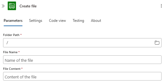 Screenshot che mostra la finestra di progettazione del flusso di lavoro a consumo e l'azione connettore gestita file system denominata Crea file.