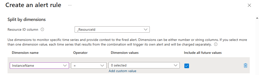 Screenshot della sezione Crea una regola di avviso: Suddividi per dimensioni.