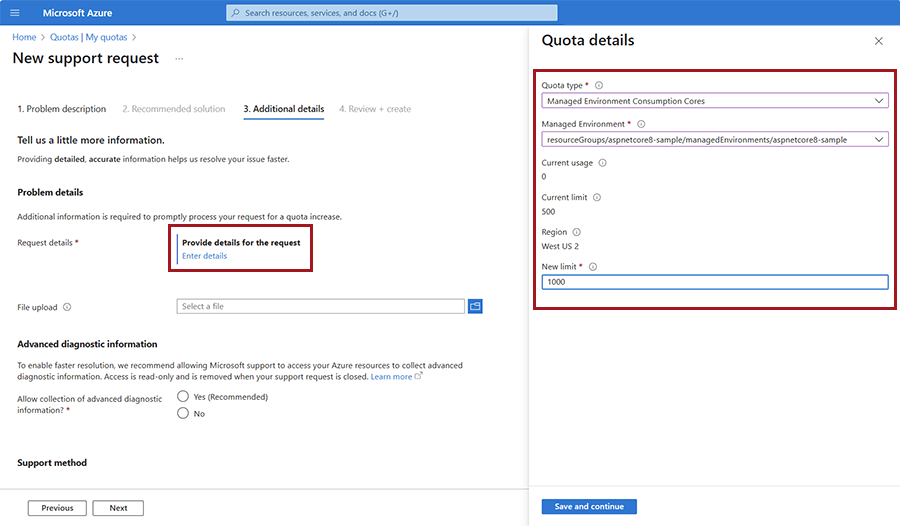 Screenshot della finestra dei dettagli del sistema gestione quote di Azure.