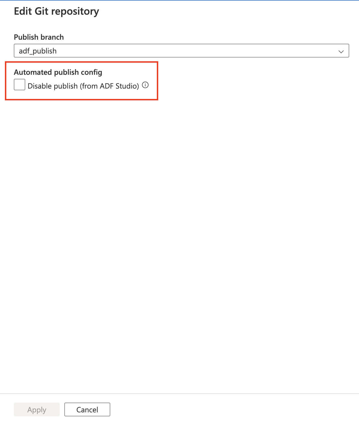 Screenshot che mostra una casella di controllo per disabilitare il pulsante Pubblica in Data Factory Studio.