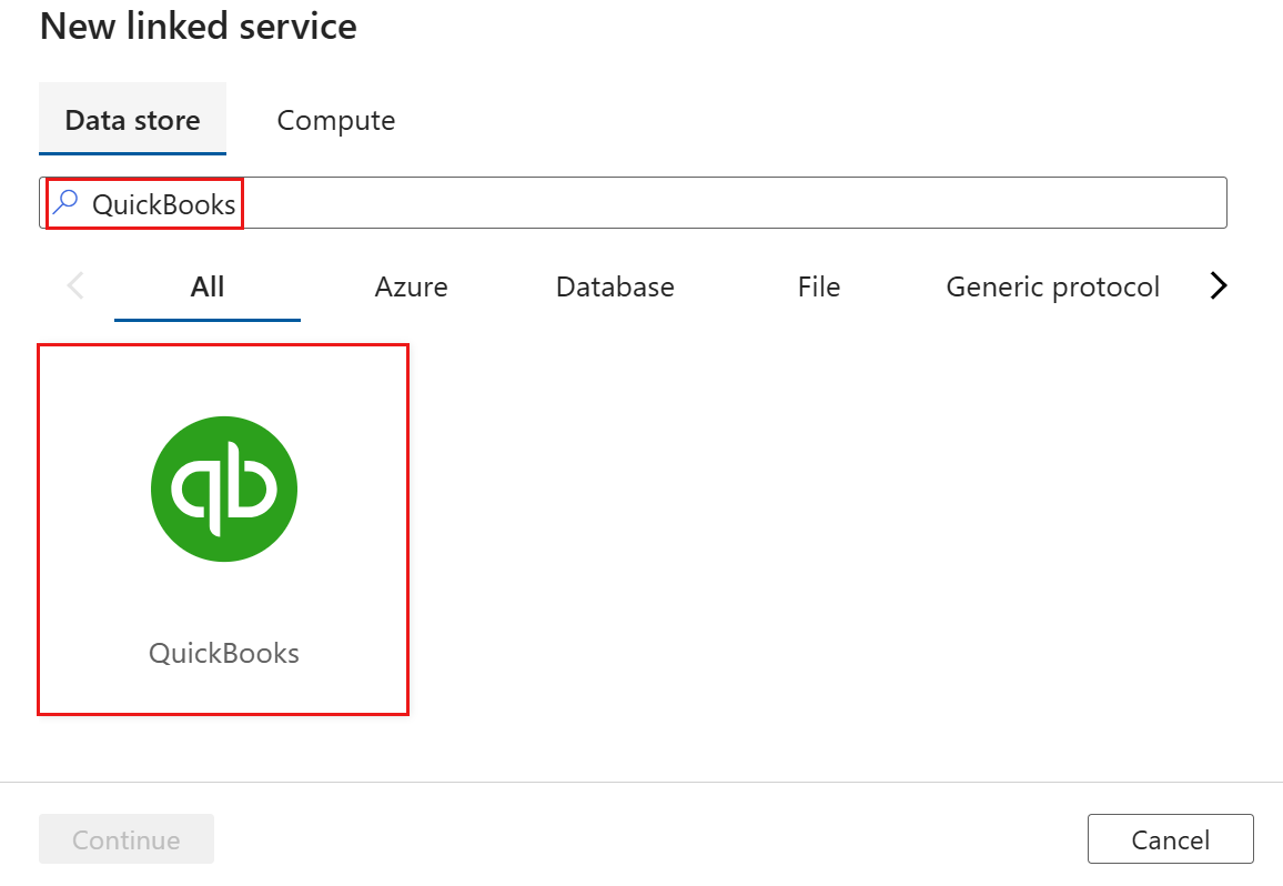 Screenshot dei risultati della ricerca per il connettore QuickBooks.