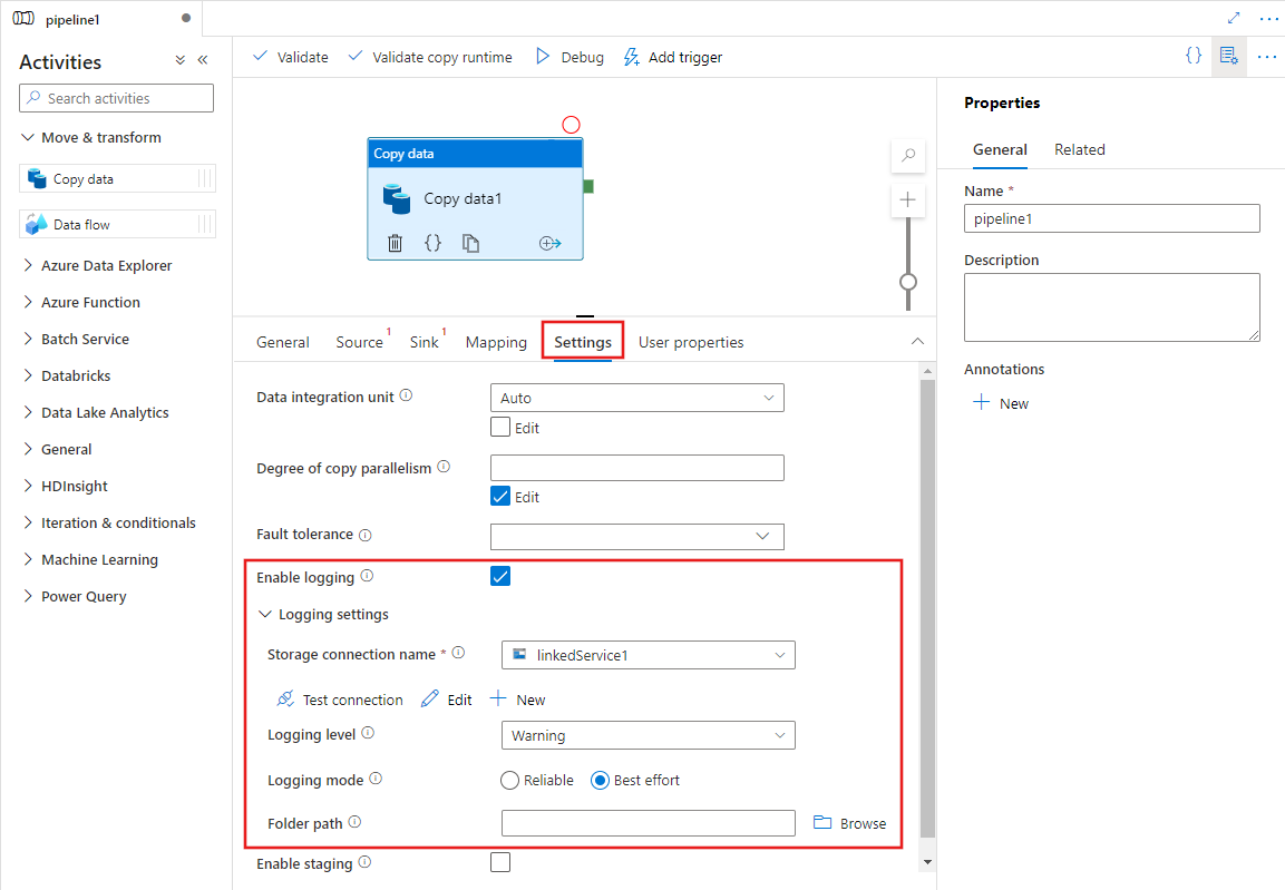  Illustra come configurare la registrazione per un attività Copy nella scheda impostazioni.