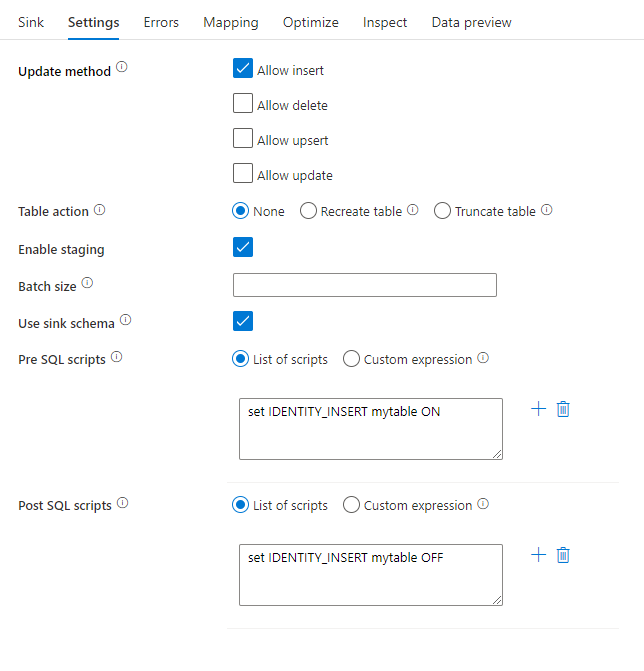 Screenshot che mostra gli script di elaborazione SQL pre e post nel flusso di dati di Azure Synapse Analytics.