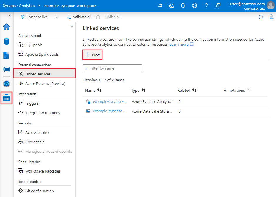 Creare un nuovo servizio collegato con Azure Synapse UI.