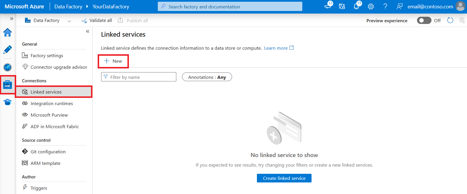 Creare un nuovo servizio collegato con Azure Data Factory UI.
