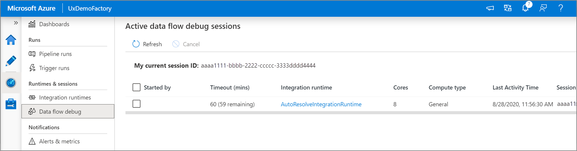 Visualizzare le sessioni di debug dei flussi di dati