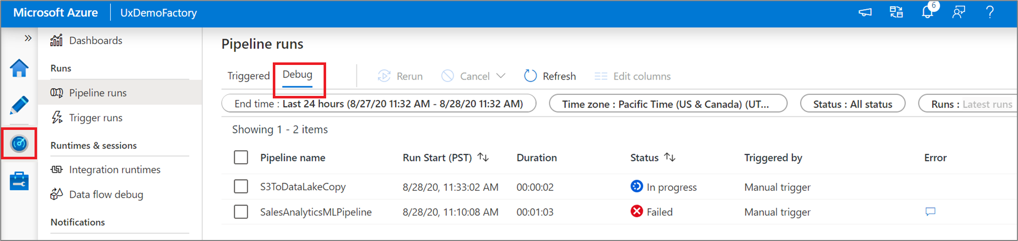 Screenshot dell'icona Visualizza le esecuzioni di debug attive.