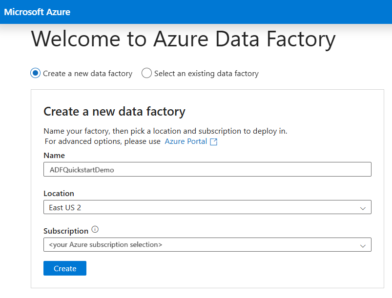 Screenshot che mostra la pagina Azure Data Factory Studio per la creazione di una data factory.