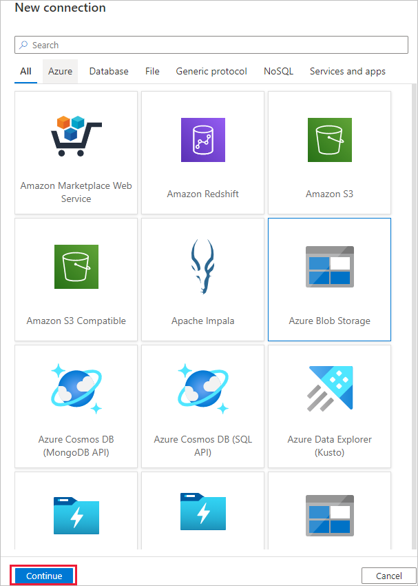 Schermata che mostra la galleria di tipi di servizio nella finestra di dialogo per una nuova connessione, con Archiviazione BLOB di Azure selezionata.