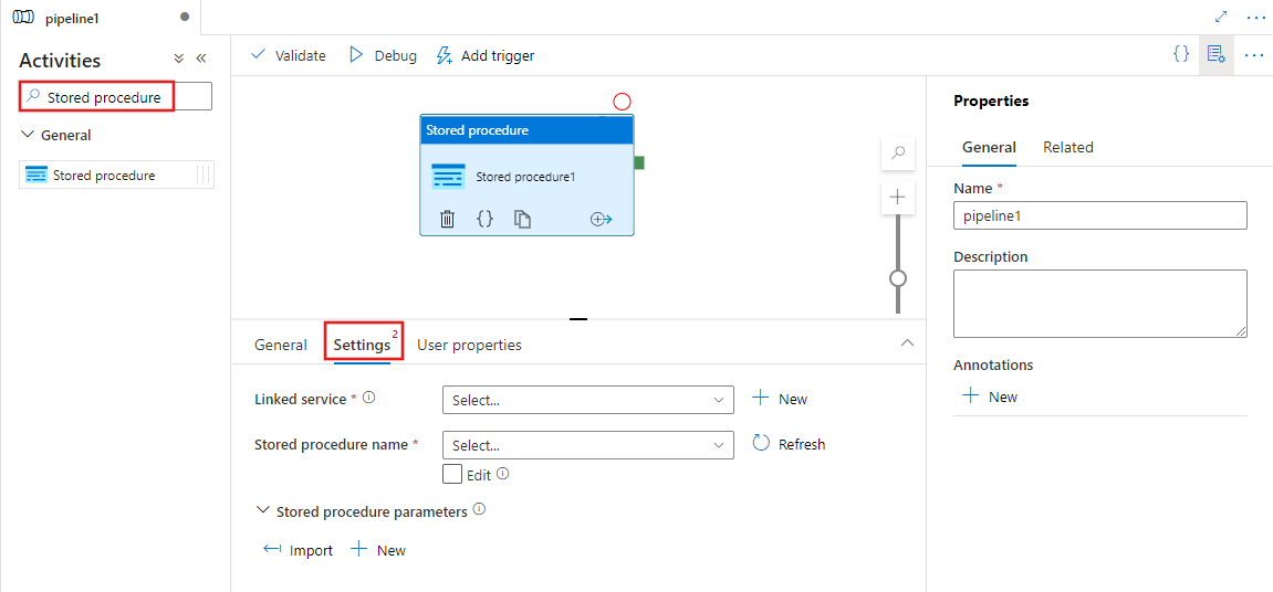 Mostra l'interfaccia utente per un'attività di stored procedure.