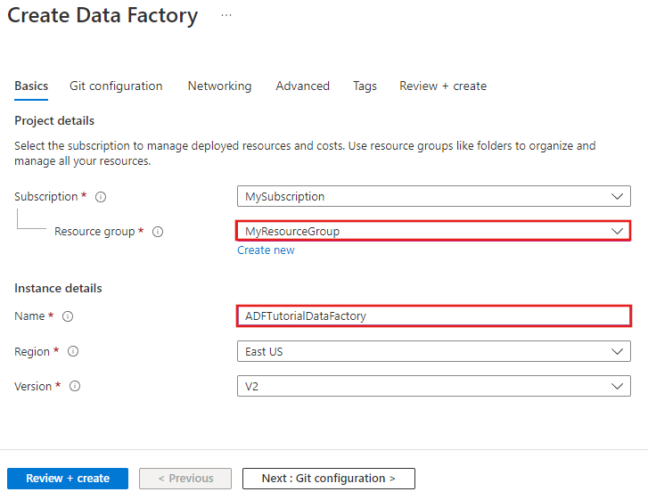Nuova pagina della data factory