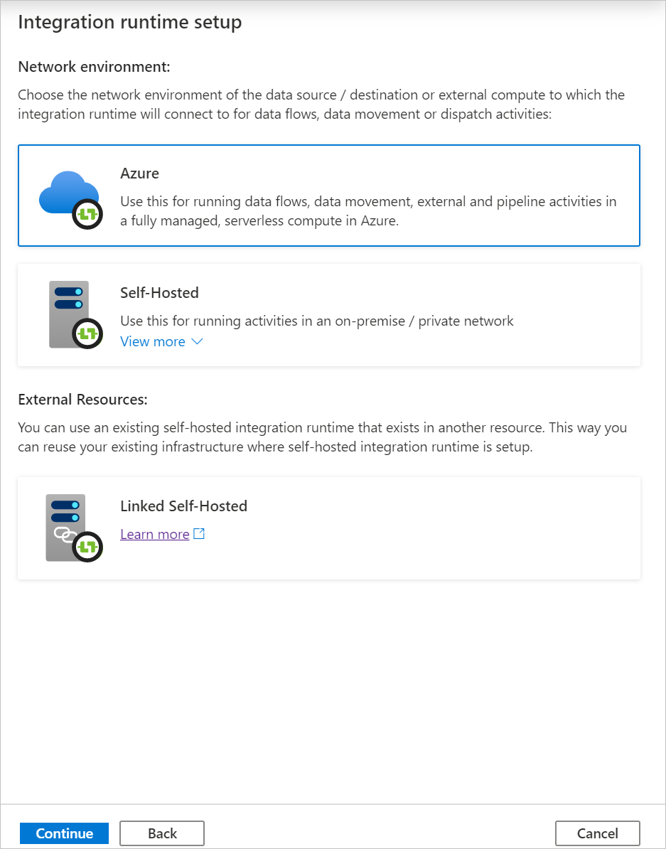 Screenshot che mostra un nuovo runtime di integrazione Azure.