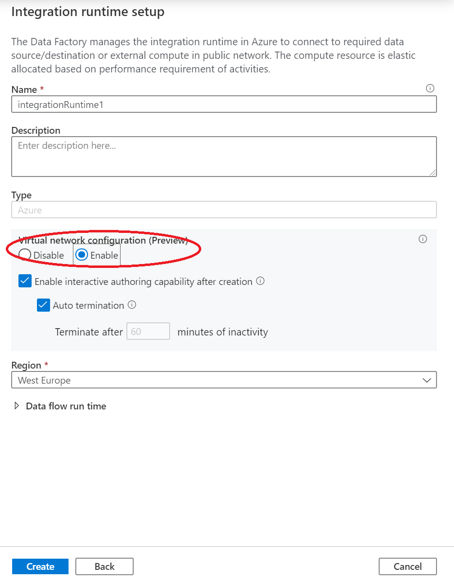 Screenshot che mostra come abilitare un nuovo runtime di integrazione Azure.