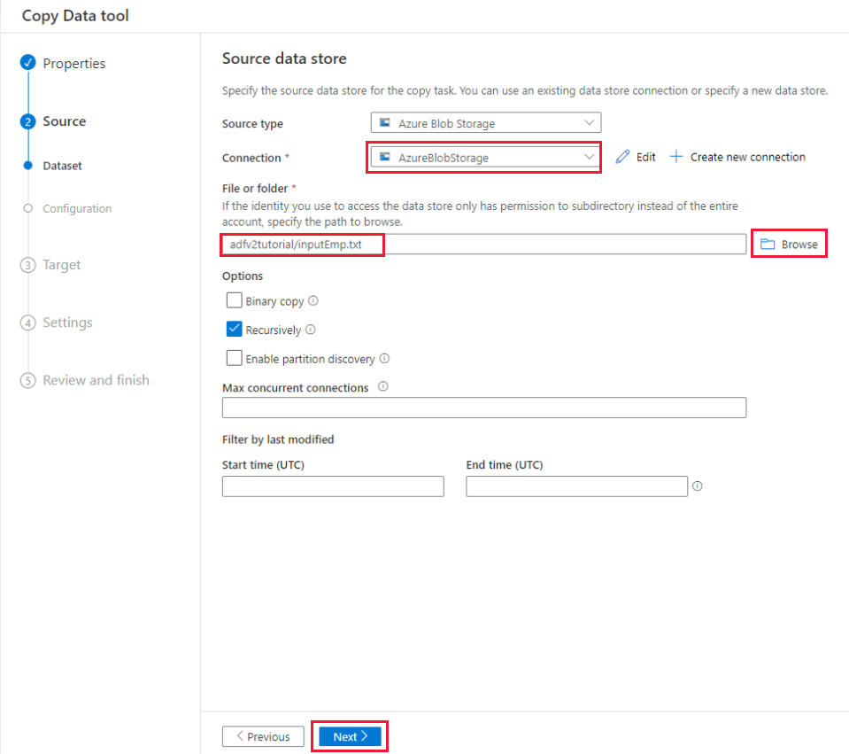 Screenshot della pagina per configurare la sorgente.