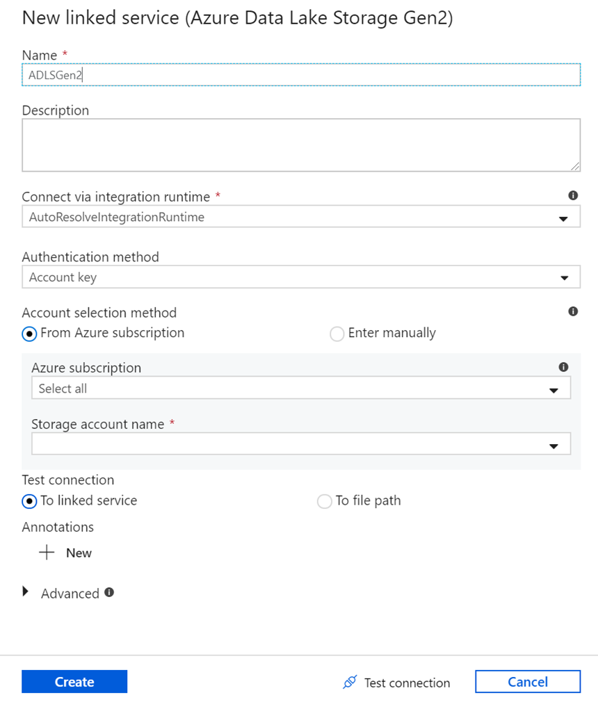 Screenshot del riquadro per creare un nuovo servizio collegato per Azure Data Lake Storage.