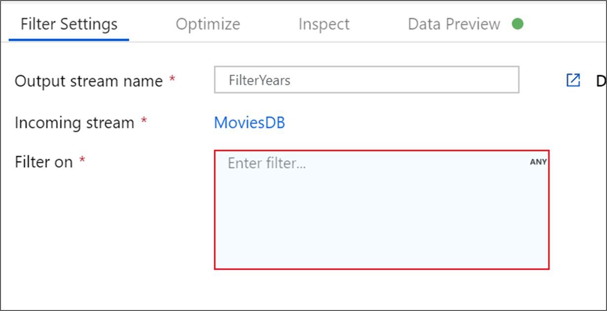 Screenshot che mostra l'opzione Filtra per nella casella di espressione.