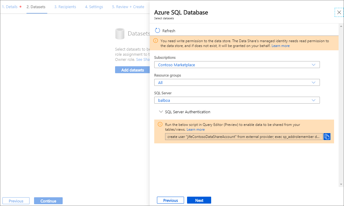 Screenshot che mostra la finestra del set di dati del database SQL di Azure con un'istanza di SQL Server selezionata.