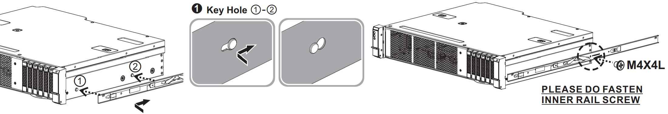 Schema che mostra come installare il binario interno sul telaio del dispositivo mediante un accessorio per rack a 4 montanti.